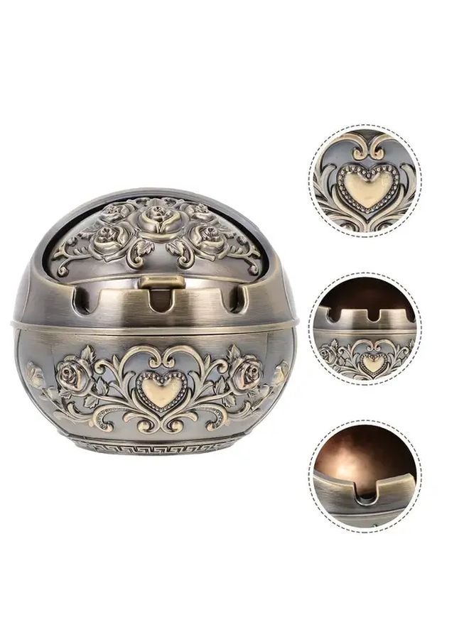 Bronze Vintage Metal Ashtray With Lid Smoke Odor Proof Floral Pattern Home Office Bar - Image 5
