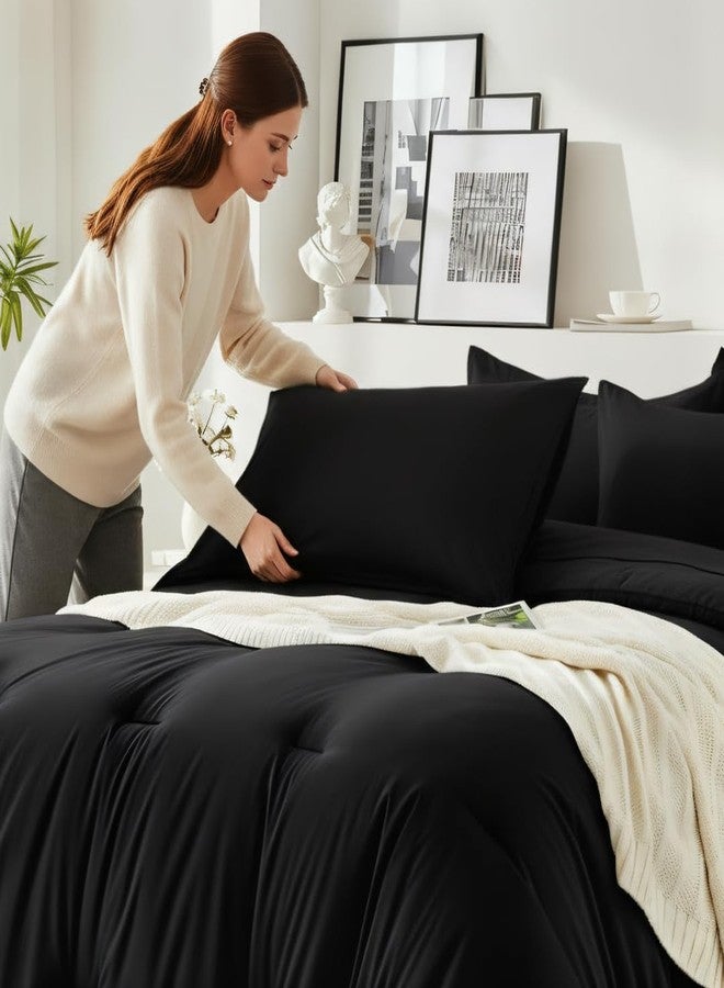 Easthome Queen Comforter Set 7 Pieces - Ultra-Soft Bed in a Bag Queen Size, Cozy Luxury All Season Bedding Sets with Comforter, Flat Sheet, Fitted Sheet, 2 Pillow Shams & 2 Pillowcases, Black - Image 2