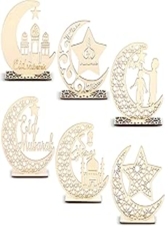 6 Pieces Eid Mubarak Wooden Decor Ramadan Mubarak Wooden Table Decoration Ramadan Mubarak Wood Plaque Ornament Eid Ramadan Wood Decorations for Home Farmhouse Room Table Decoration Craft Art