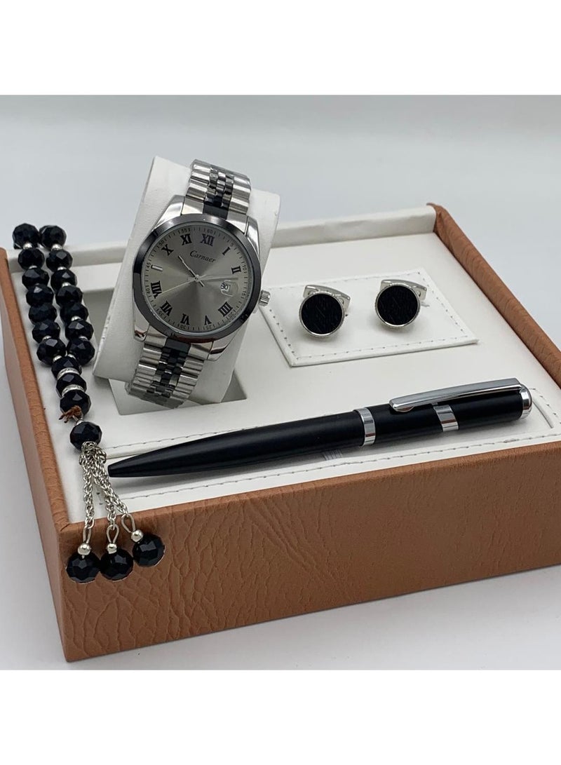 Men's set from Carnaer, consisting of fuor pieces: a watch, a pen, cufflinks, and a rosary.