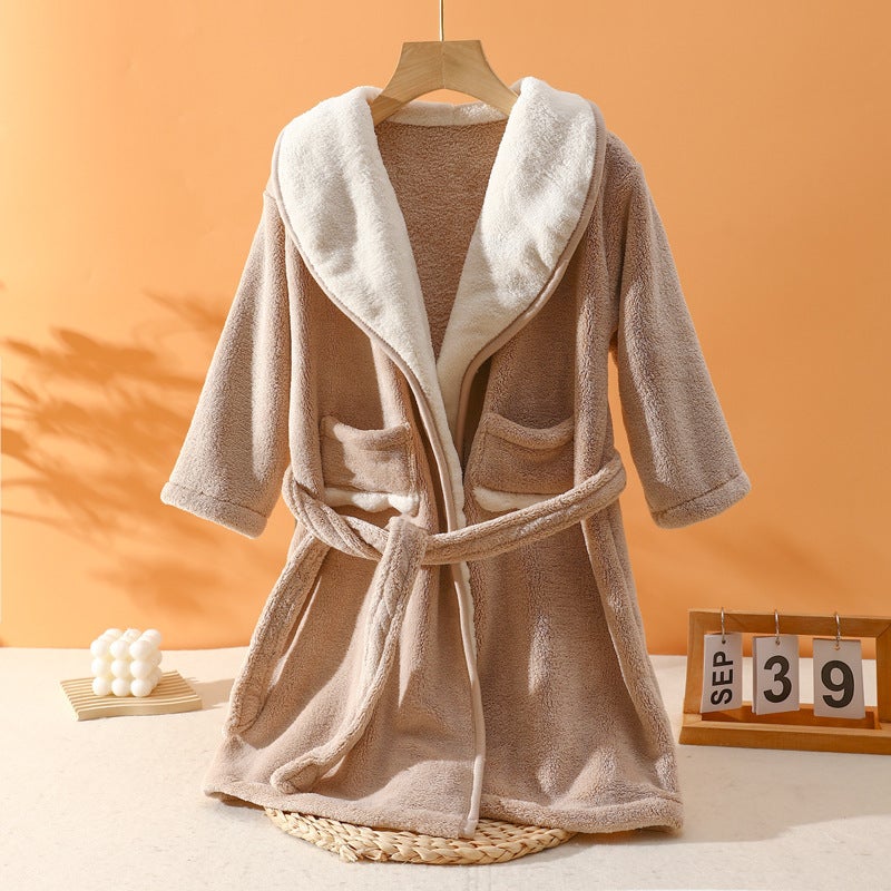 Cozy Fleece Kids Bathrobe Cartoon Sleepwear Brown 