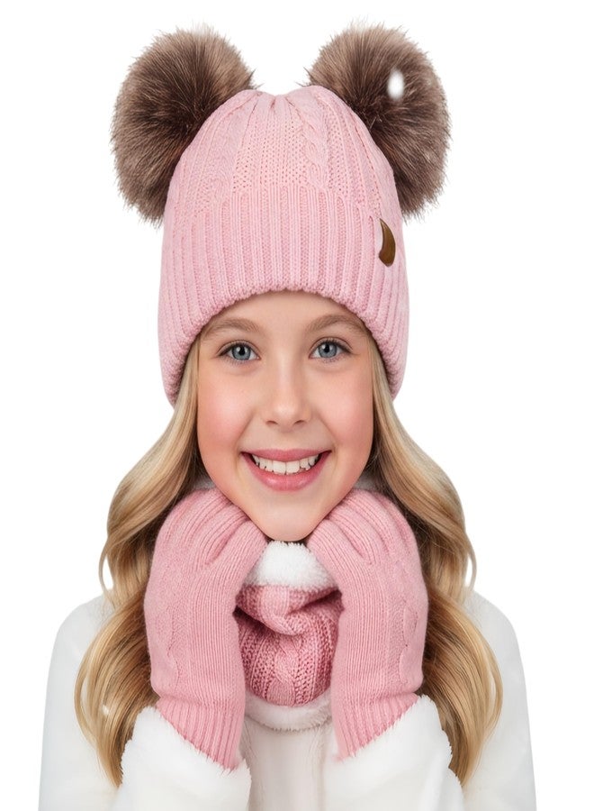 UOUDIO Kids Winter Hat Gloves Scarf Set Knit Beanie for Girls Boys Neck Warmer Thick Fleece Lining Thermal with Cute Pom Pom Pink Warm Cap for 6-10 Years Old Toddler, Gift for Children - Image 1