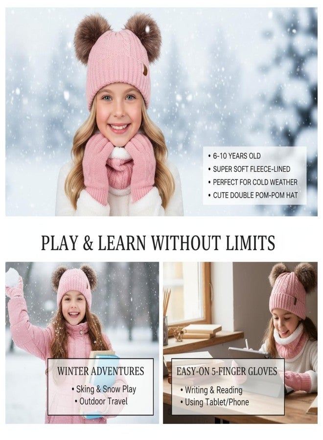 UOUDIO Kids Winter Hat Gloves Scarf Set Knit Beanie for Girls Boys Neck Warmer Thick Fleece Lining Thermal with Cute Pom Pom Pink Warm Cap for 6-10 Years Old Toddler, Gift for Children - Image 2