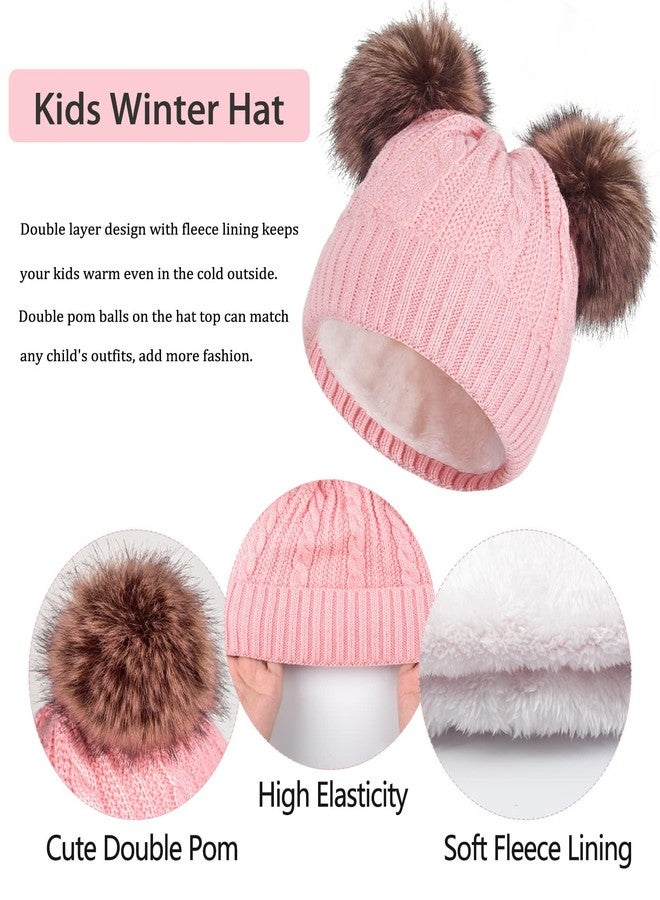 UOUDIO Kids Winter Hat Gloves Scarf Set Knit Beanie for Girls Boys Neck Warmer Thick Fleece Lining Thermal with Cute Pom Pom Pink Warm Cap for 6-10 Years Old Toddler, Gift for Children - Image 3