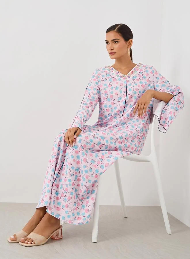 تايك تو Take Two All-Over Print V-Neck Slit Sleeve Maxi Jalabiya