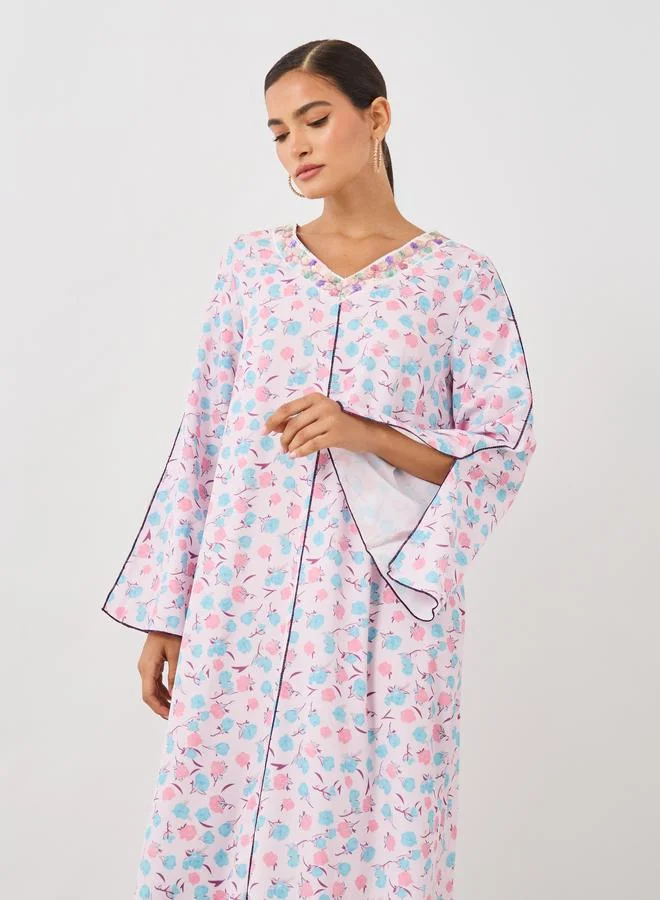 تايك تو Take Two All-Over Print V-Neck Slit Sleeve Maxi Jalabiya