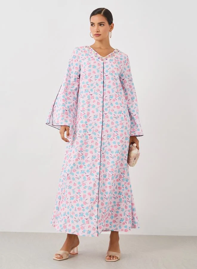 تايك تو Take Two All-Over Print V-Neck Slit Sleeve Maxi Jalabiya