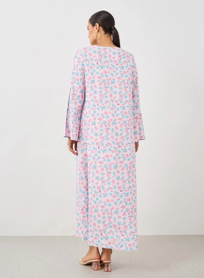 تايك تو Take Two All-Over Print V-Neck Slit Sleeve Maxi Jalabiya