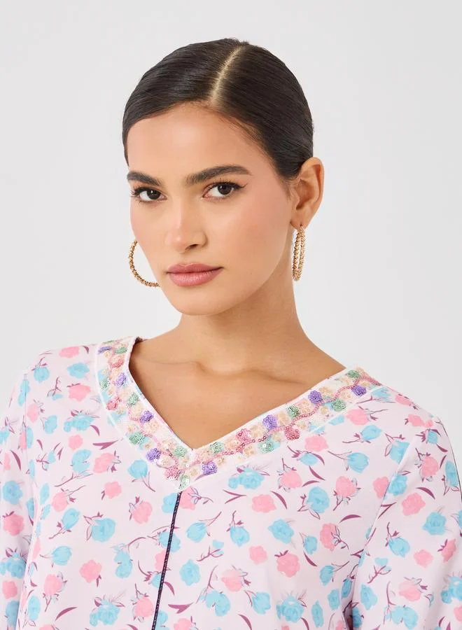 تايك تو Take Two All-Over Print V-Neck Slit Sleeve Maxi Jalabiya