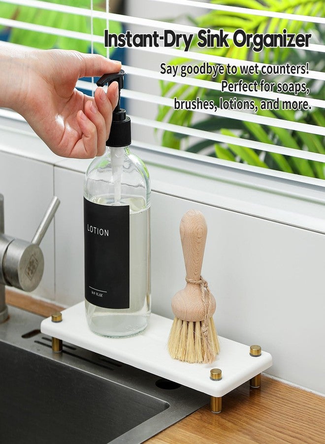 Razborci Water Absorbing Stone Sink Caddy Kitchen Sink Organizer Tray, Diatomite Bathroom Counter Tray, Gold Faucet Drying Mat Coaster Soap Dish Rack Riser Dispenser Sponge Holder, White 10" x 4" - Image 2