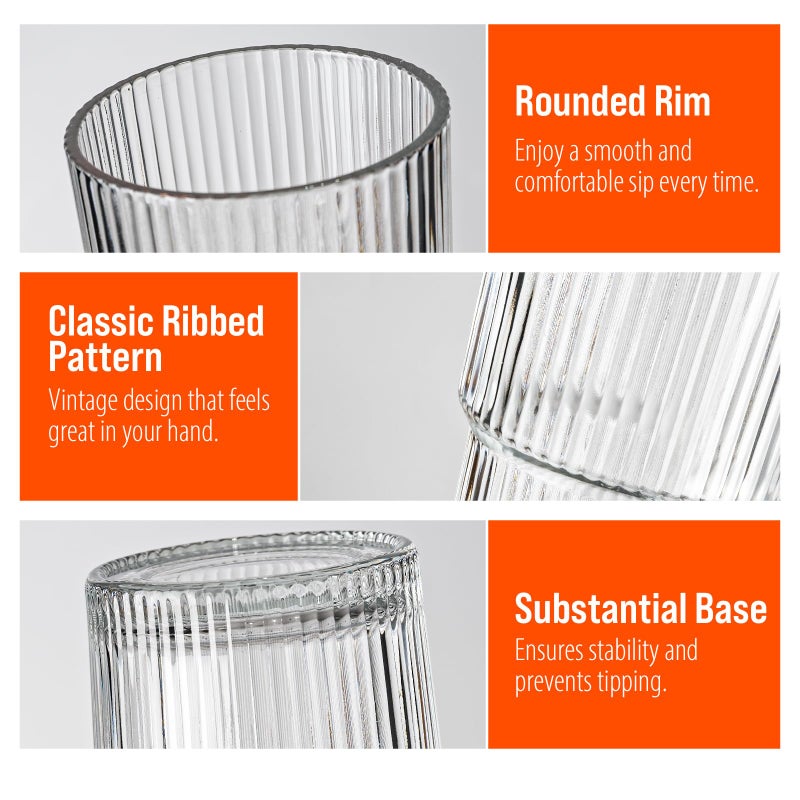 SUROQUE 20oz Ribbed Glass Tumblers with Lids & Straws, Ideal for Iced Coffee, Cocktails & More - Includes Cleaning Brush - Image 2