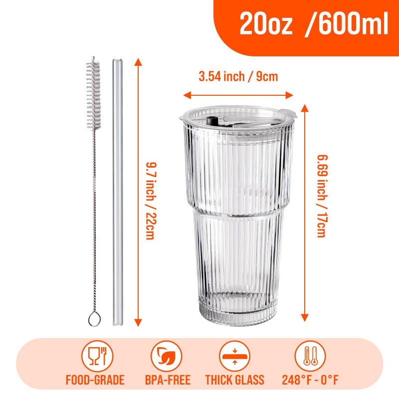 SUROQUE 20oz Ribbed Glass Tumblers with Lids & Straws, Ideal for Iced Coffee, Cocktails & More - Includes Cleaning Brush - Image 3