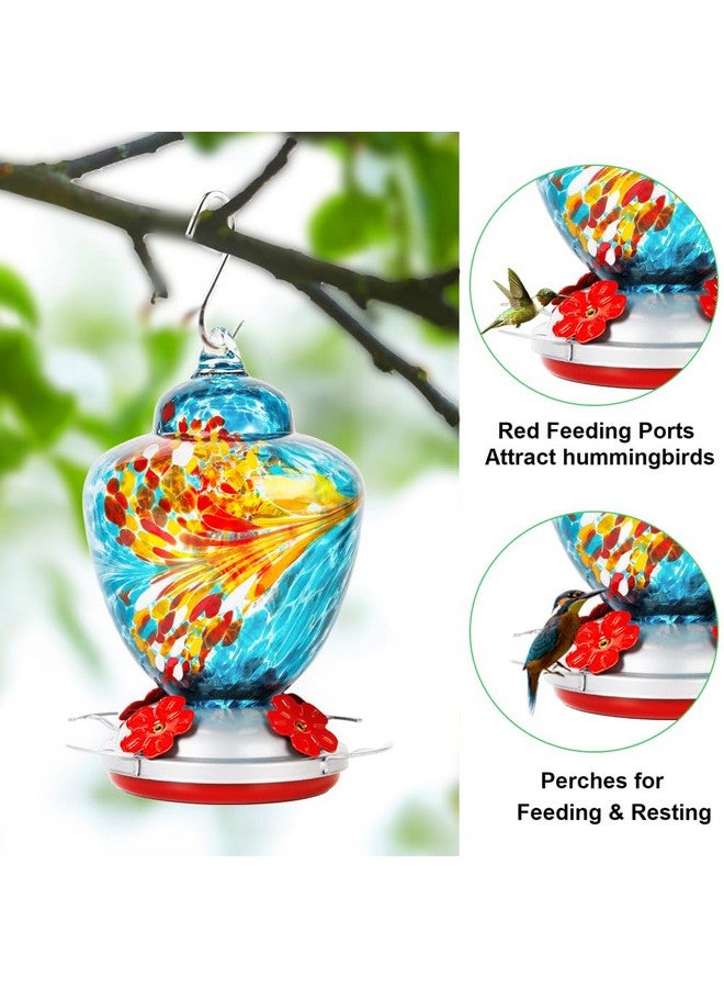 REZIPO Hummingbird Feeder With Perch - Hand Blown Glass - Blue - 38 Fluid Ounces Hummingbird Nectar Capacity Include Hanging Wires And Moat Hook - Image 3