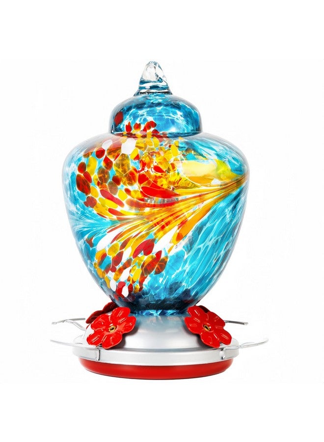 REZIPO Hummingbird Feeder With Perch - Hand Blown Glass - Blue - 38 Fluid Ounces Hummingbird Nectar Capacity Include Hanging Wires And Moat Hook - Image 1