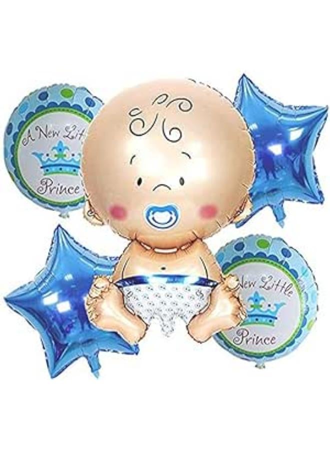 Pack of 5 pcs Baby Shower Decoration - 1 Pc of Baby Boy Foil Balloon + 2 Pcs of inchA New Little Princeinch Foil Balloon + 2 Pcs of Blue Color Star Foil Balloon.