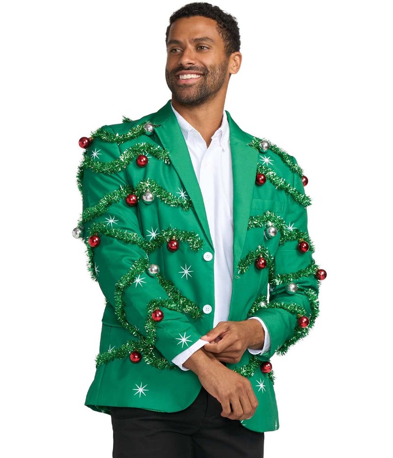 Tipsy Elves Men's Green Gaudy Garland Blazer - Jacket with Garland and Ornaments Attached Size 42 - Image 1