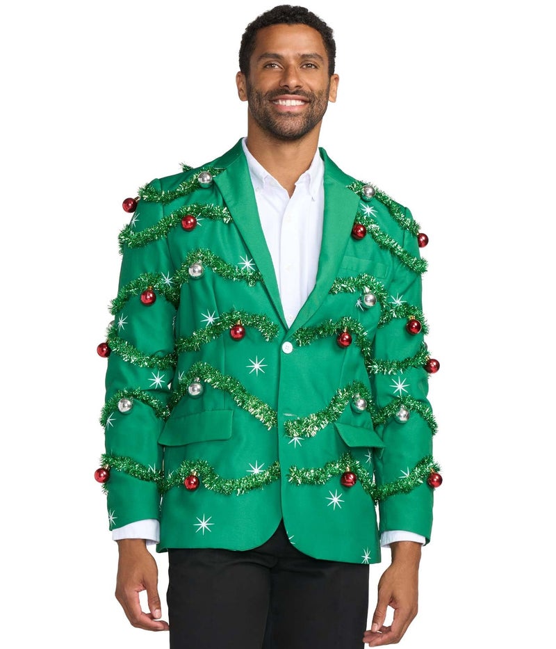Tipsy Elves Men's Green Gaudy Garland Blazer - Jacket with Garland and Ornaments Attached Size 42 - Image 4