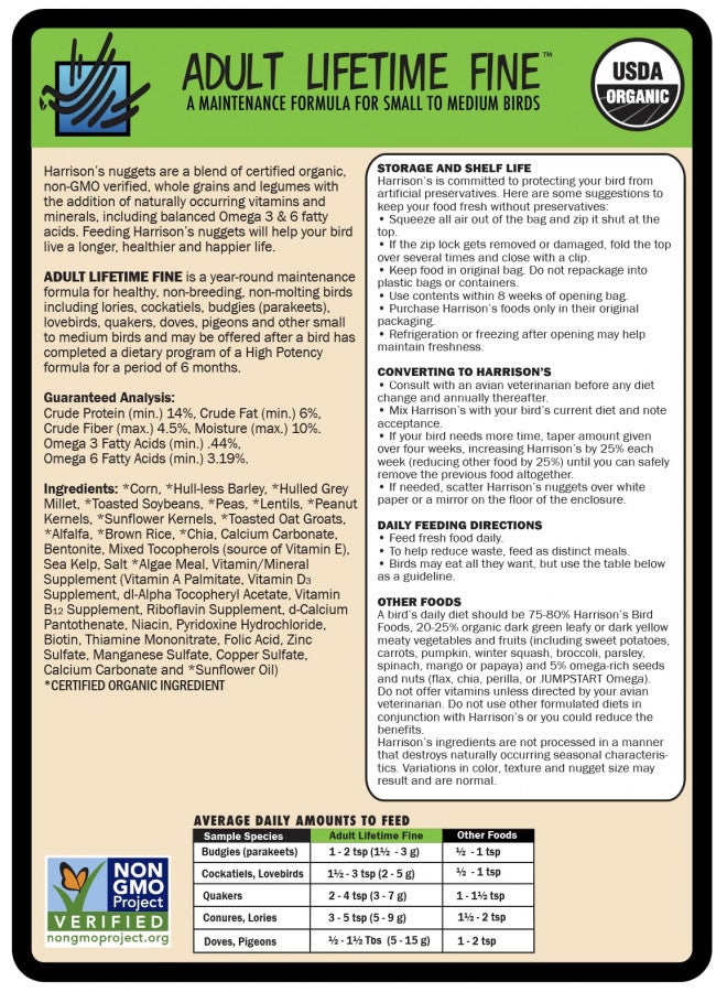 Harrison's Bird Foods Harrison's Bird Foods Adult Lifetime Fine 5lb Certified Organic NonGMO Pet Bird Formula  - Image 2