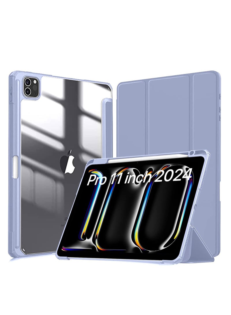 إيفو حافظة ذكية لجهاز ايباد برو 11 انش M4 2024 مع حامل قلم غطاء تابلت خلفي شفاف رفيع ثلاثي الطيات M4 الجيل الخامس الموديل: A2836 - A2837 - A3006 - كحلي البولي يوريثين الحراري بولي كربونات  لافندر