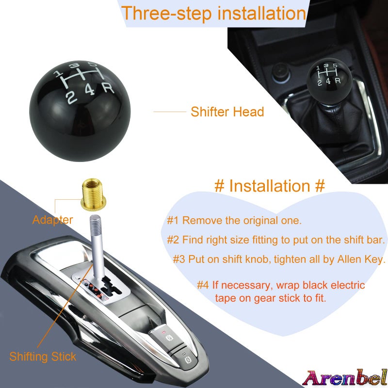 Arenbel 5 Speed Resin Shift Knob Ball Gear Lever Car Racing Shift Stick Handle Replacement Fit Most Auto MT Vehicles, Black - Image 4