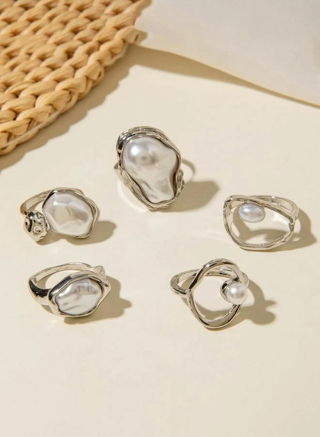 Take Two  Pack of 5 - Embellished Faux Pearl Rings for Women | Best Price UAE
