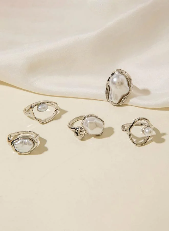 Take Two  Pack of 5 - Embellished Faux Pearl Rings for Women | Best Price UAE