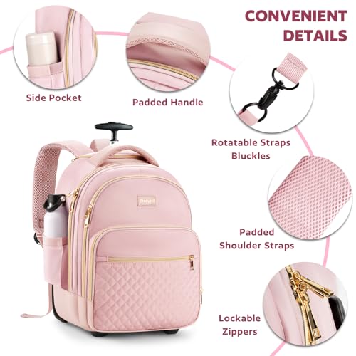 Arcoyard Small Rolling Backpack, 14.3 Inch Underseat Carry On Luggage With Wheels For Adults, Wheeled Backpack for Women, Travel Roller Bag, Pink - Image 3