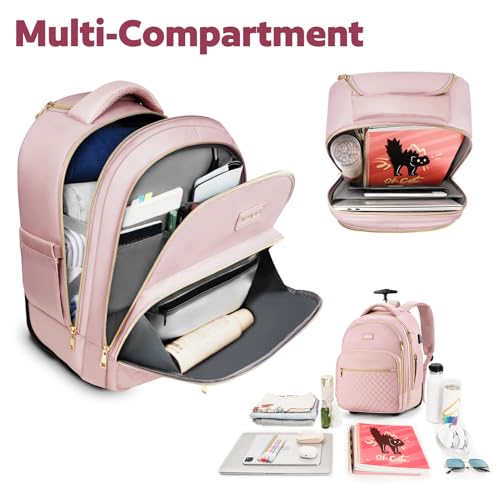 Arcoyard Small Rolling Backpack, 14.3 Inch Underseat Carry On Luggage With Wheels For Adults, Wheeled Backpack for Women, Travel Roller Bag, Pink - Image 5
