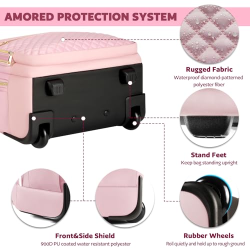 Arcoyard Small Rolling Backpack, 14.3 Inch Underseat Carry On Luggage With Wheels For Adults, Wheeled Backpack for Women, Travel Roller Bag, Pink - Image 4