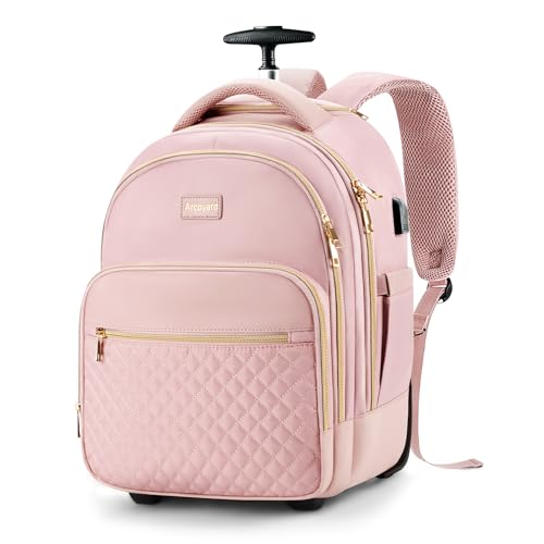 Arcoyard Small Rolling Backpack, 14.3 Inch Underseat Carry On Luggage With Wheels For Adults, Wheeled Backpack for Women, Travel Roller Bag, Pink - Image 1