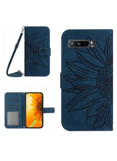 HuHa Case Cover For Asus ROG Phone 3 ZS661KS Skin Feel Sun Flower Pattern Flip Leather Phone Case with Lanyard Inky Blue 