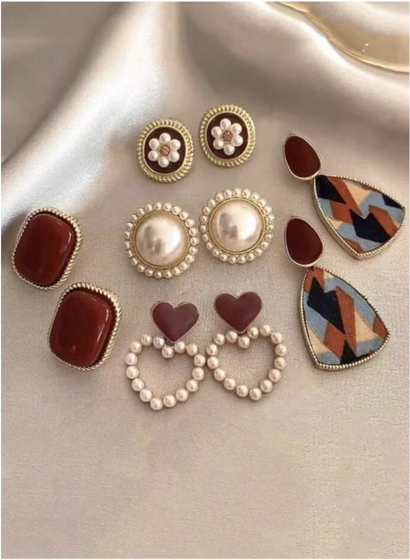 JOGAMS 10Pcs Simple Vintage Pearl Flower Hollow Heart Two Tone Earrings Set Luxury Unique - Image 1