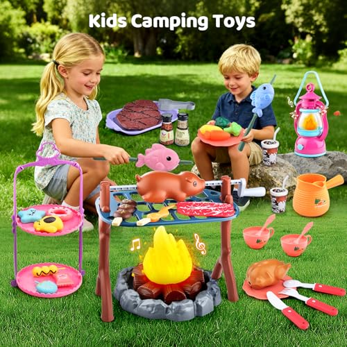 CAPTAIN CHAOWING Kids Camping Toys Set 50 PCS with Campfire BBQ Grill Food Toy and Lantern Kids Camping Gear with Storage Bag for Pretend Play Outdoor Indoor Learning Christmas Birthday Gift for Toddlers Ages 35 - Image 5