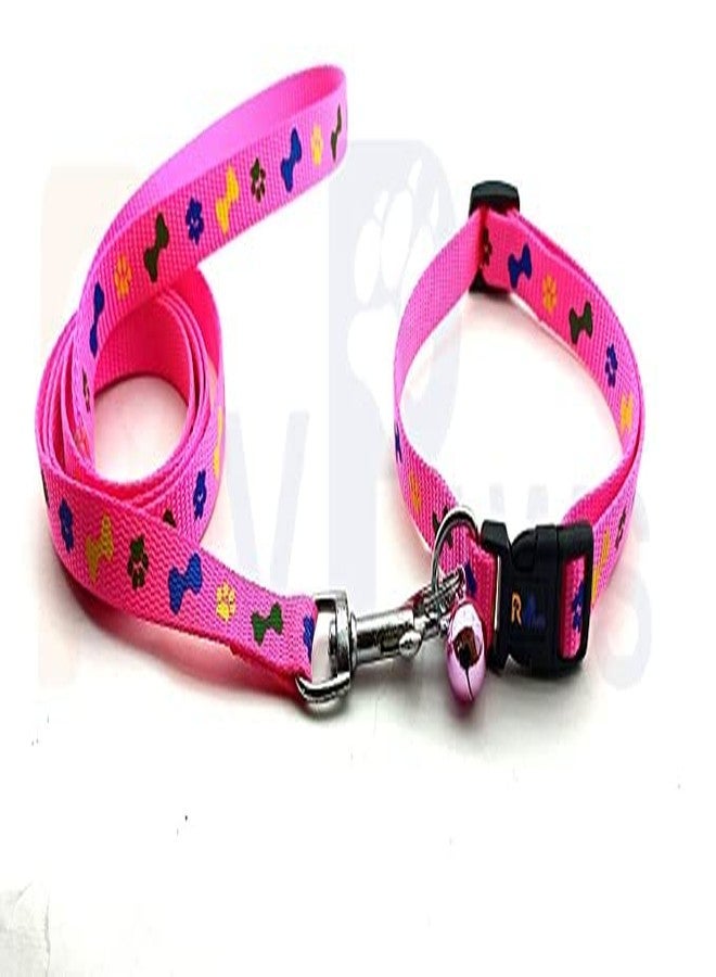 Pups&Pets Pet Printed 15 MM Collar and Leash Set - Adjustable Nylon Collar Included Bell for Small and Medium Dogs, Collar and Leash Set for Puppies, Dog & Cat (Pink) - Image 1