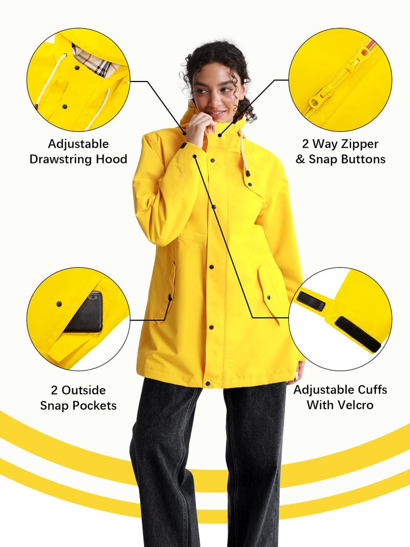 PITINAN Women's Yellow Raincoat Hooded Spring Jackets For Women Waterproof Rain Jacket Lined Long Raincoat For Womens Travel Rain Jacket Cute Trench Coat Yellow L - Image 4