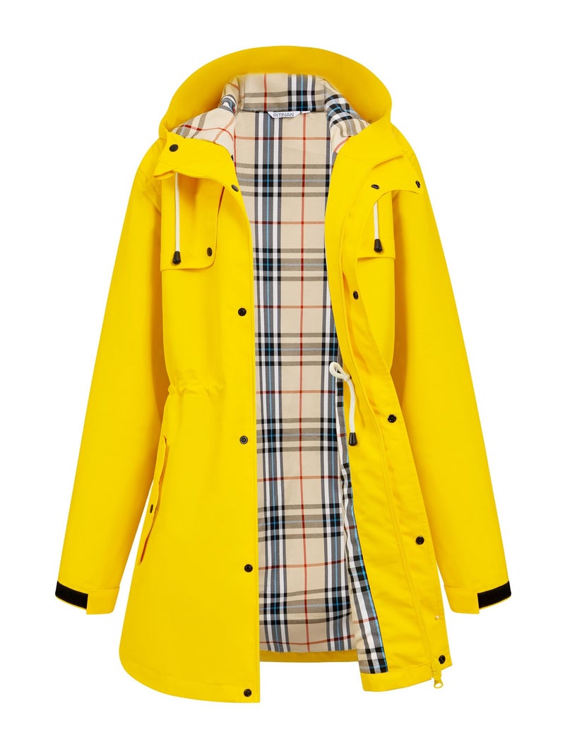 PITINAN Women's Yellow Raincoat Hooded Spring Jackets For Women Waterproof Rain Jacket Lined Long Raincoat For Womens Travel Rain Jacket Cute Trench Coat Yellow L - Image 1