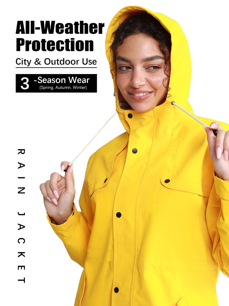 PITINAN Women's Yellow Raincoat Hooded Spring Jackets For Women Waterproof Rain Jacket Lined Long Raincoat For Womens Travel Rain Jacket Cute Trench Coat Yellow L - Image 5