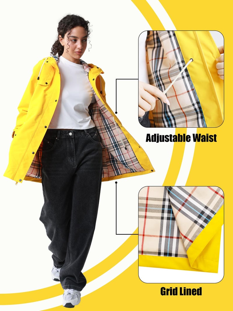 PITINAN Women's Yellow Raincoat Hooded Spring Jackets For Women Waterproof Rain Jacket Lined Long Raincoat For Womens Travel Rain Jacket Cute Trench Coat Yellow L - Image 3