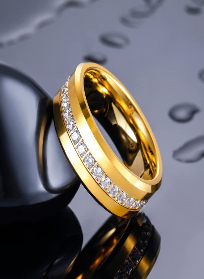 TRUMIUM خواتم زفاف TRUMIUM 8 مم للرجال من كربيد التنجستن مطلية بالذهب عيار 24 قيراط مع زركونيا مكعبة بيضاء خاتم زفاف أبدي بحواف مائلة مقاس 8 مريح - Image 2