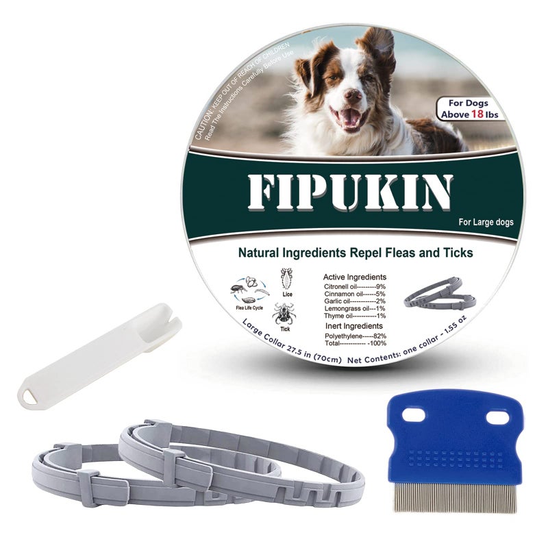 Fipukin طوق البراغيث بمكونات طبيعية للكلاب الكبيرة، طوق آمن وفعال ضد البراغيث والقراد، مقاوم للماء، حماية لمدة 8 أشهر لكل طوق، مشط وأداة إزالة القراد مجانية، 27.5 بوصة، عبوة من 2 - Image 1