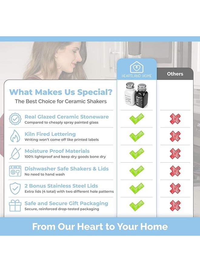 طقم رشاشات ملح وفلفل من السيراميك بتصميم ريفي مع أغطية إضافية. طقم رشاشات ملح وفلفل مصنوع من الخزف الحجري بنسبة 100%. 4 رشاشات ملح وفلفل أسود وأبيض مع أغطية. رشاشات ملح وفلفل للمطبخ - Image 2