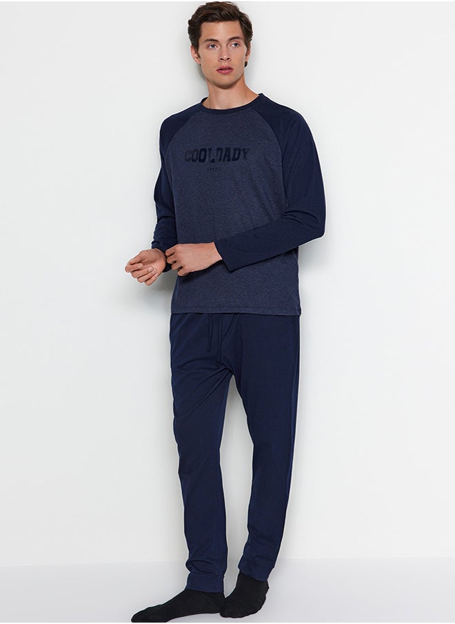 trendyol Navy Blue Printed Raglan Sleeve Knitted Pajama Set TMNAW23PT00032  - Image 1