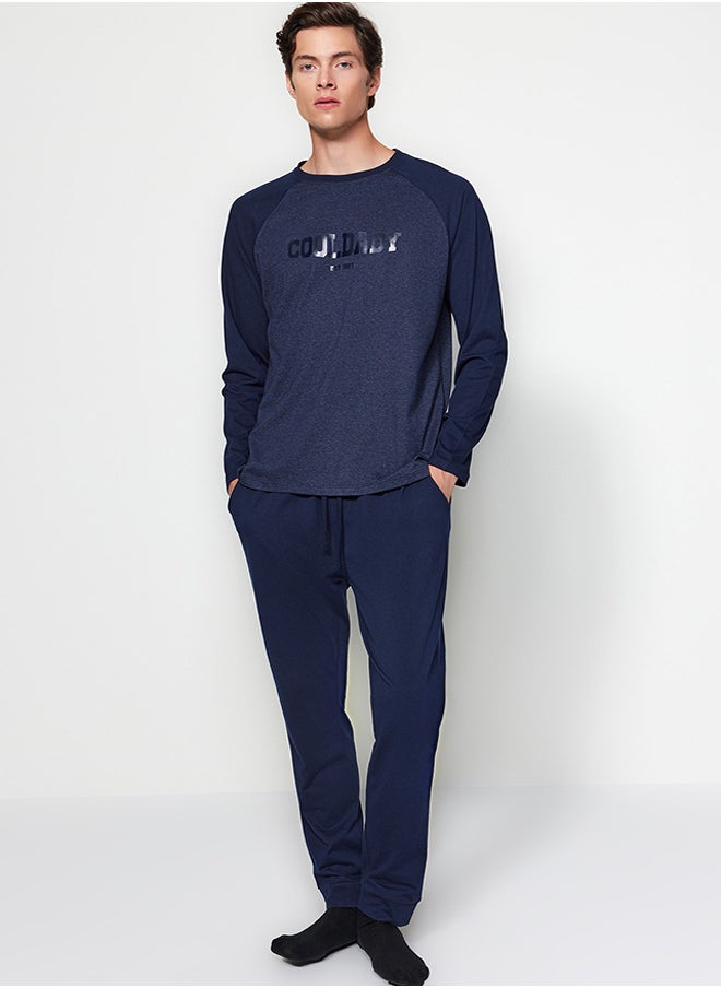 trendyol Navy Blue Printed Raglan Sleeve Knitted Pajama Set TMNAW23PT00032  - Image 3