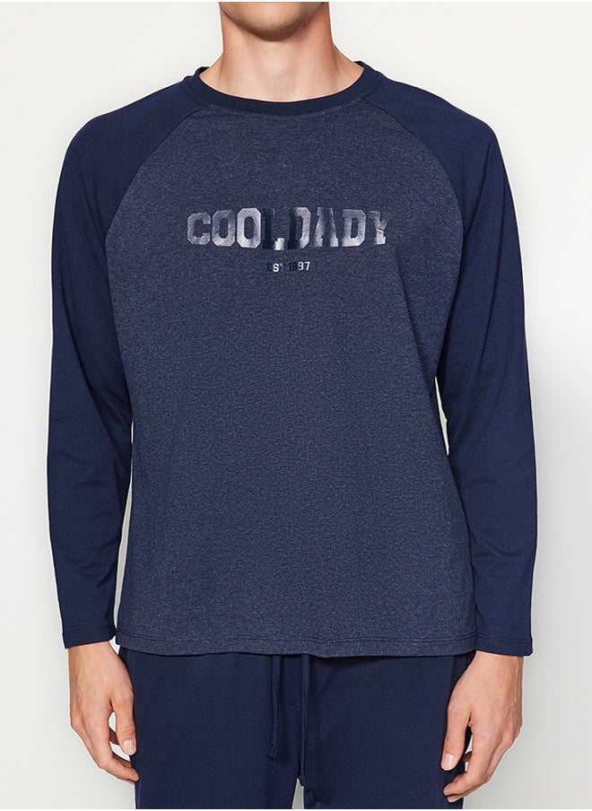 trendyol Navy Blue Printed Raglan Sleeve Knitted Pajama Set TMNAW23PT00032  - Image 4