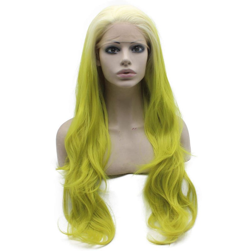 Mxangel Long Wavy Synthetic Lace Front Blond Yellow Ombre Wig Glueless Half Hand Tied Ombre Cosplay Yellow Wig
