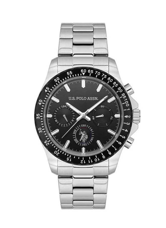 U.S. Polo Assn. U.S. Polo Assn. Crossing 42mm Chronograph Black Dial Watch with Rotating Bezel and Stainless Steel Band - USPA1108-04, Effortless Sophistication for Every Occasion