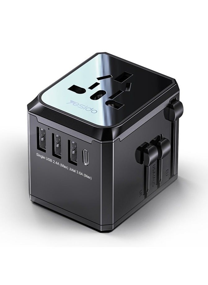 Yesido MC-10 3 USB + Type-C Ports Multi-function Universal Travel Adapter Plug (Black) - Image 1