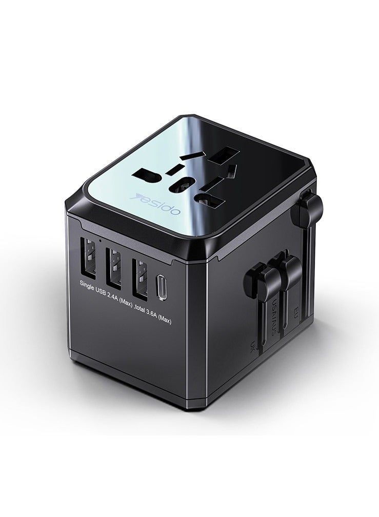 Yesido MC-10 3 USB + Type-C Ports Multi-function Universal Travel Adapter Plug (Black) - Image 2