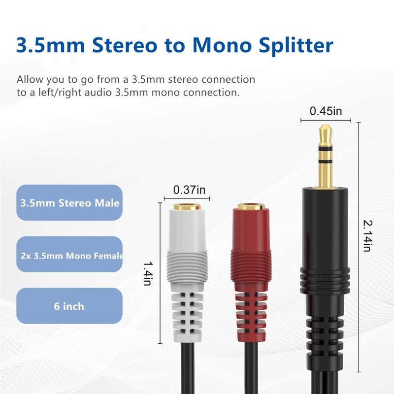 RFAdapter 3.5mm Stereo to Dual Mono Cable, 6inch 1/8" TRS Male to 2 TS Mono Female Adapter Gold-Plated Connector Audio Y Splitter Cord for Headphone, Speaker - Image 2