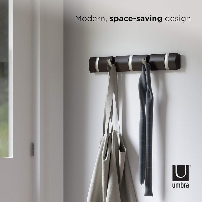 UMBRA Flip Wall-Mounted Coat Rack with 5 Hooks – Modern, Space-Saving Storage for Hats, Jackets, Bags, Entryway, Mudroom, Closet, Bathroom, Bedroom – Espresso/Nickel - Image 4